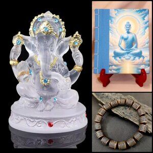Spiritual Gift Set- GANESH Statue-Buddha Book-Mala Prayer Bracelet-Lighted Stand